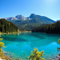 A beautiful and serene landscape featuring a clear blue lake surrounded by lush green forests and mountains in the background under a bright, sunny sky