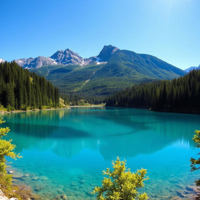 A beautiful and serene landscape featuring a clear blue lake surrounded by lush green forests and mountains in the background under a bright, sunny sky