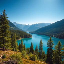 A beautiful and serene landscape featuring a clear blue lake surrounded by lush green forests and mountains in the background under a bright, sunny sky