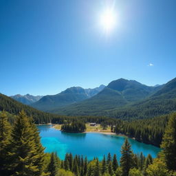 A beautiful and serene landscape featuring a clear blue lake surrounded by lush green forests and mountains in the background under a bright, sunny sky