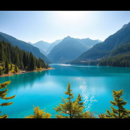 A beautiful and serene landscape featuring a clear blue lake surrounded by lush green forests and mountains in the background under a bright, sunny sky