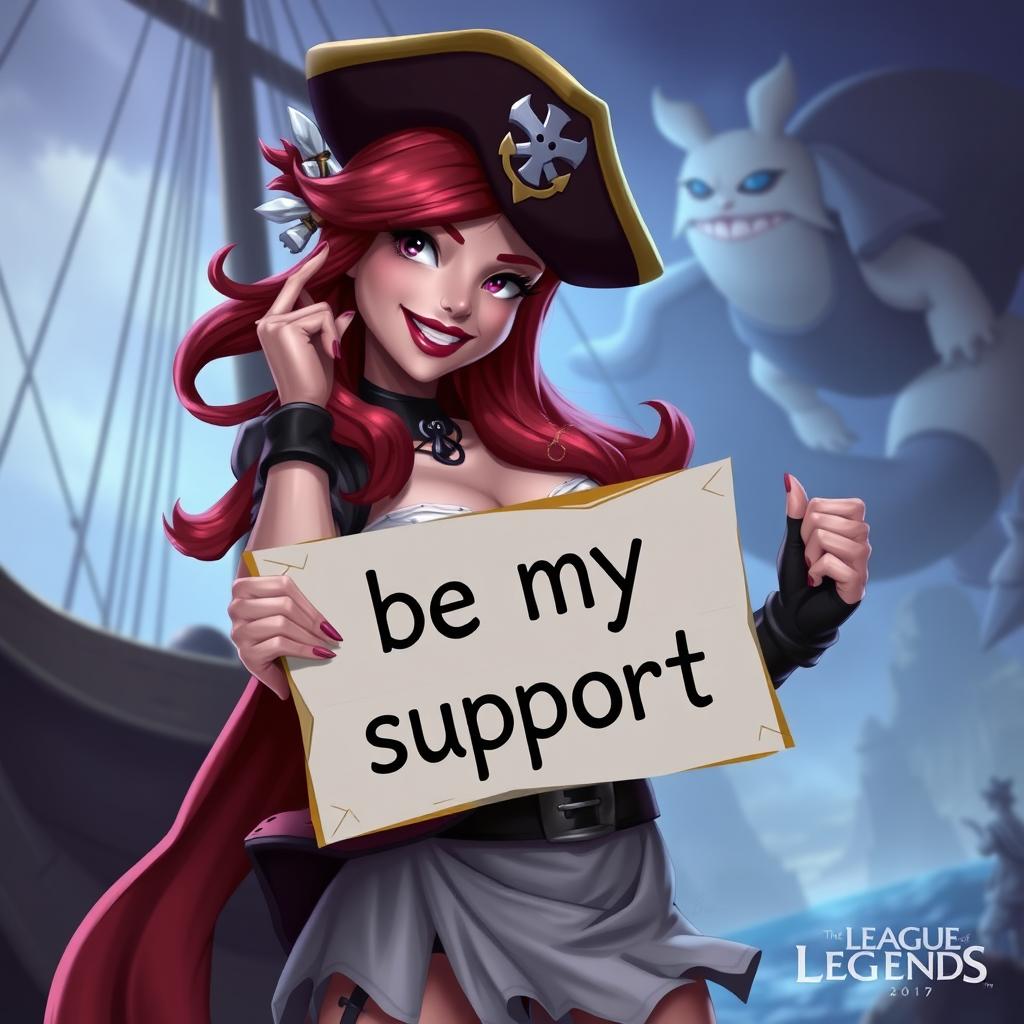 A flirty image of Miss Fortune from League of Legends holding a sign that says 'be my support'