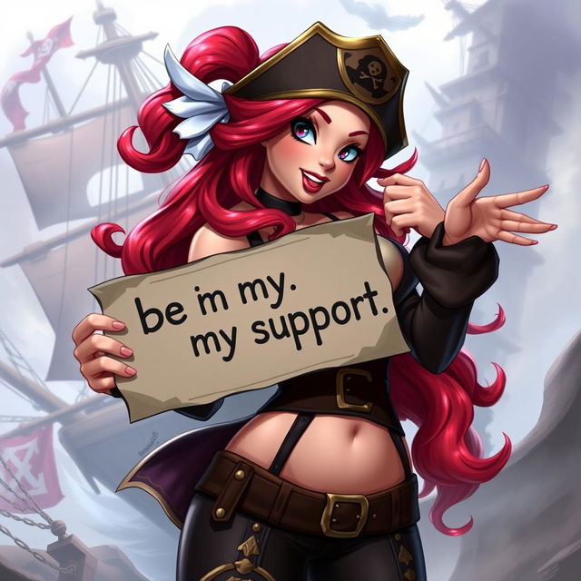 A flirty image of Miss Fortune from League of Legends holding a sign that says 'be my support'