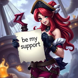 A flirty image of Miss Fortune from League of Legends holding a sign that says 'be my support'