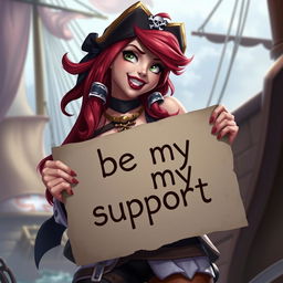 A flirty image of Miss Fortune from League of Legends holding a sign that says 'be my support'