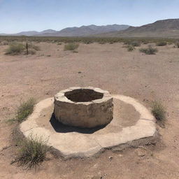 A stone well in the middle of a desert, with wild desert weeds growing at its base