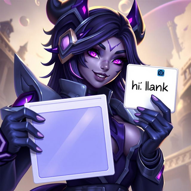 A flirty image of Kai'Sa from League of Legends taking a selfie for Instagram, holding a sign that says 'hi blank'