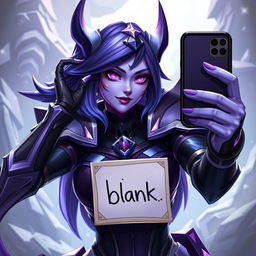 A flirty image of Kai'Sa from League of Legends taking a selfie for Instagram, holding a sign that says 'hi blank'