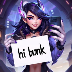 A flirty image of Kai'Sa from League of Legends taking a selfie for Instagram, holding a sign that says 'hi blank'