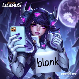 A flirty image of Kai'Sa from League of Legends taking a selfie for Instagram, holding a sign that says 'hi blank'