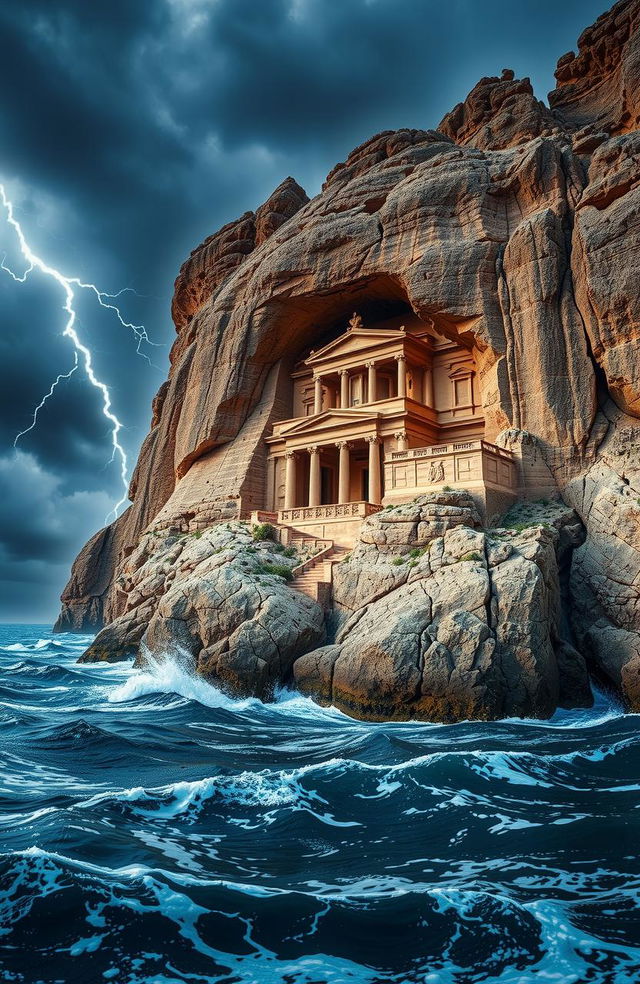 A stunning piece of architecture carved out of a rock face, set against a dramatic stormy sky and turbulent sea.