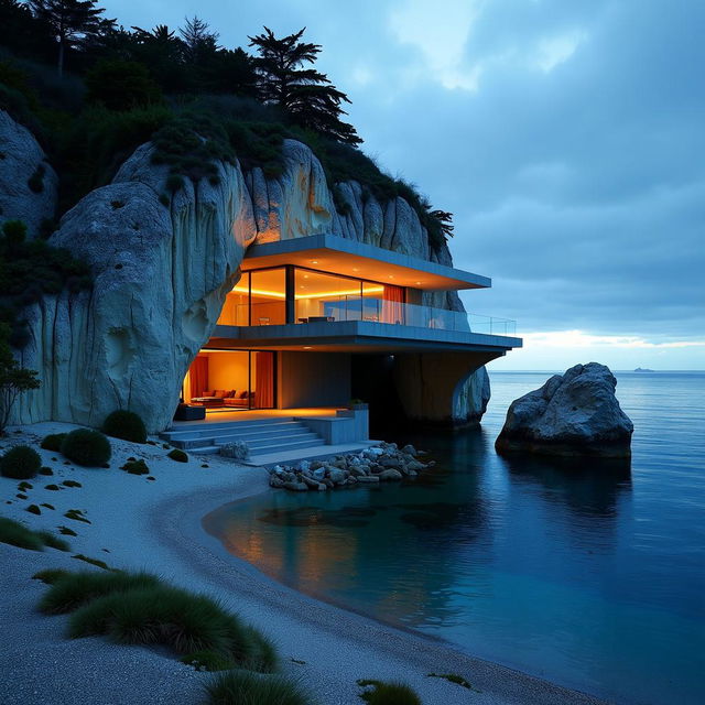 A dramatic architectural photograph of a modern home carved out of a rock face by the sea, featuring mysterious lighting and an avant-garde design