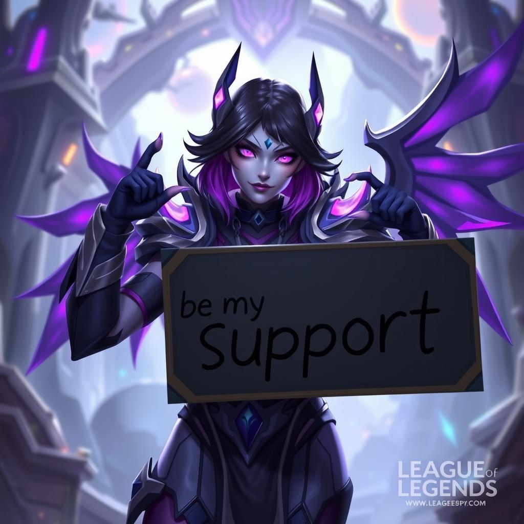 A flirty image of Kai'Sa from League of Legends holding a sign that says 'be my support'