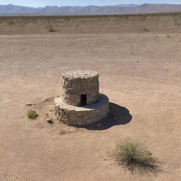 A stone well in the middle of a desert, with wild desert weeds growing at its base