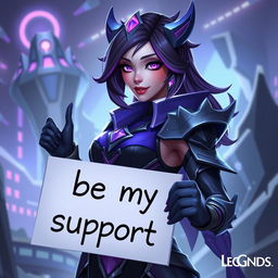 A flirty image of Kai'Sa from League of Legends holding a sign that says 'be my support'