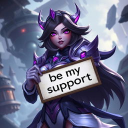 A flirty image of Kai'Sa from League of Legends holding a sign that says 'be my support'