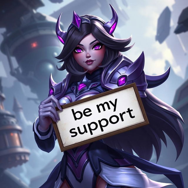 A flirty image of Kai'Sa from League of Legends holding a sign that says 'be my support'