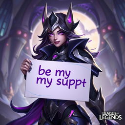 A flirty image of Kai'Sa from League of Legends holding a sign that says 'be my support'