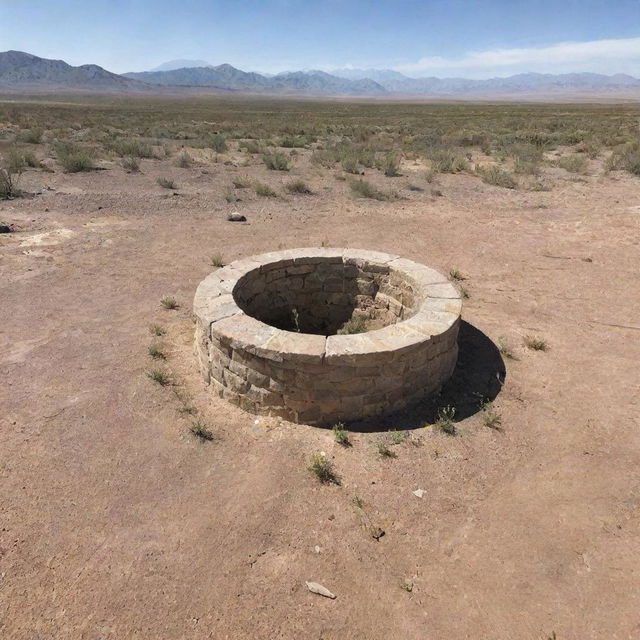 A stone well in the middle of a desert, with wild desert weeds growing at its base