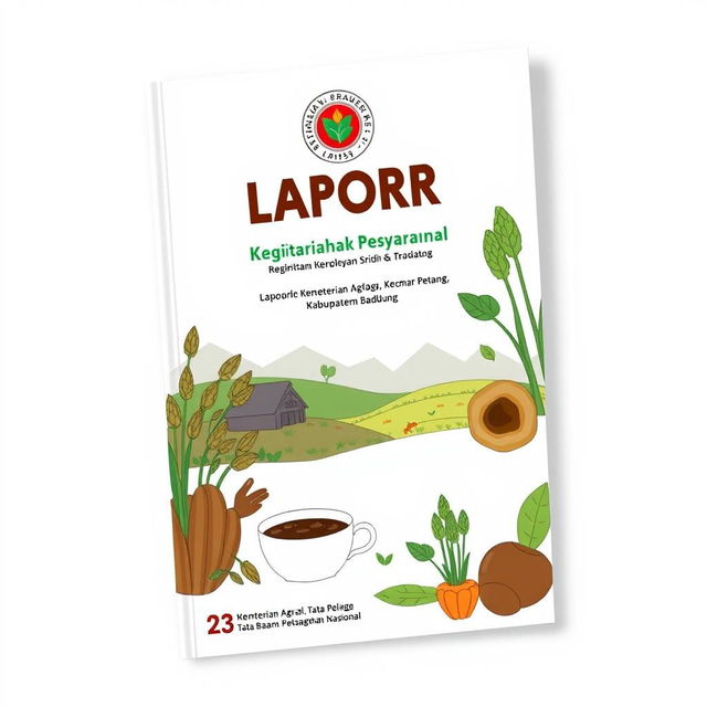 Desain cover buku untuk laporan kegiatan pemberdayaan masyarakat oleh program Kementerian Agraria dan Tata Ruang Badan Pertanahan Nasional