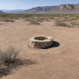 A stone well in the middle of a desert, with wild desert weeds growing at its base