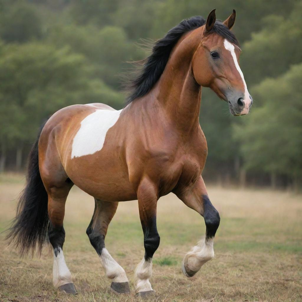 A majestic and powerful horse, beautifully depicted in a natural setting, with attention detail to its muscles and expression