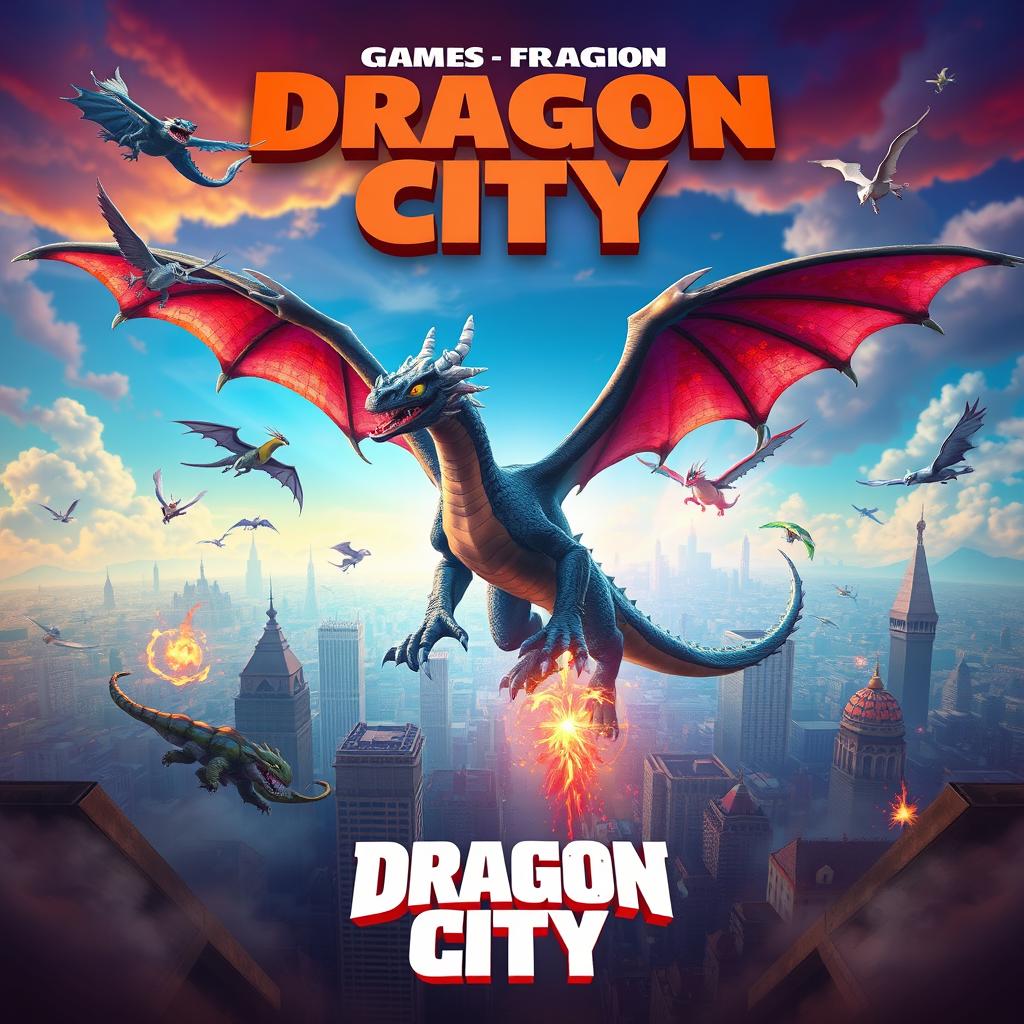 Create a movie poster for 'Dragon City,' based on the popular mobile game