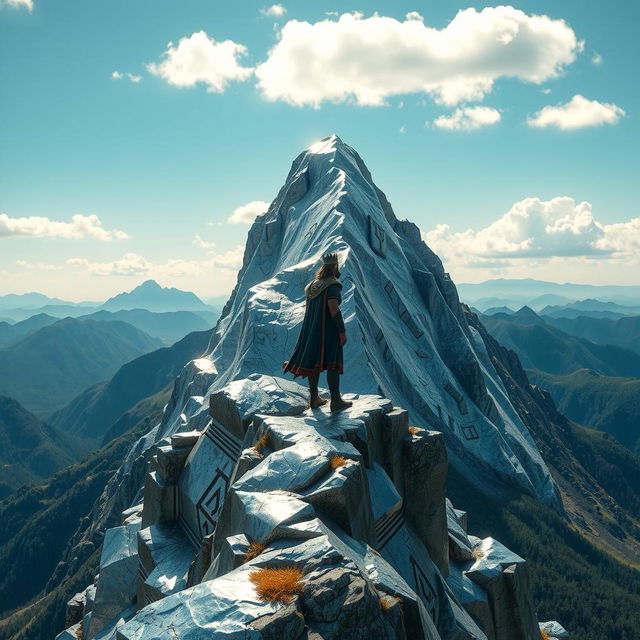 A man in regal attire stands confidently atop a shimmering silver mountain, surrounded by a breathtaking landscape with a clear blue sky and lush green mountains