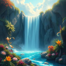 A fantastical waterfall in a mystical landscape, depicted in a detailed matte painting