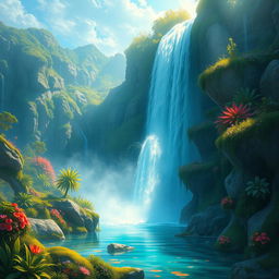 A fantastical waterfall in a mystical landscape, depicted in a detailed matte painting