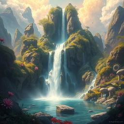 A fantastical waterfall in a mystical landscape, depicted in a detailed matte painting