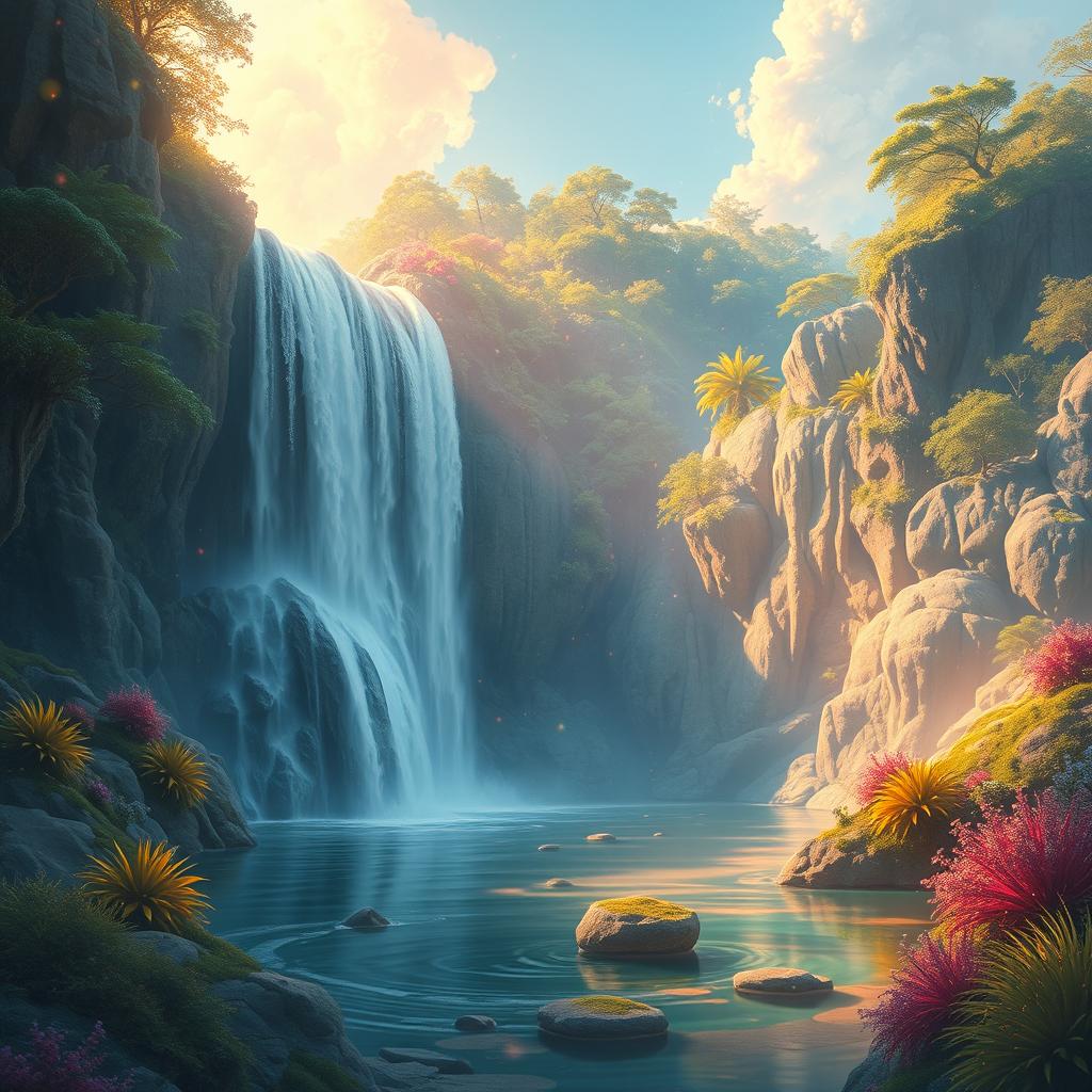 A fantastical waterfall in a mystical landscape, depicted in a detailed matte painting