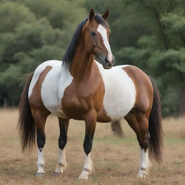 A majestic and powerful horse, beautifully depicted in a natural setting, with attention detail to its muscles and expression