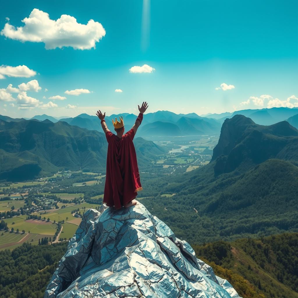 A man in regal attire stands atop a shimmering silver mountain, calling on God with raised arms to save his land, under a divine light in a breathtaking landscape