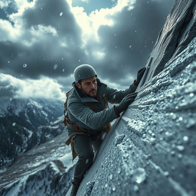 A man in rugged gear climbs a silver mountain during a deadly diamond hail storm, with dark storm clouds and sharp hailstones creating a perilous environment