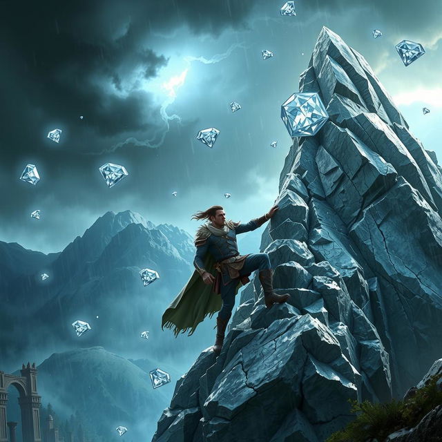 A man in fantasy adventurer attire climbs a silver mountain during a deadly, magical diamond hail storm, with enchanted clouds and mystical hailstones creating a perilous, fantastical environment