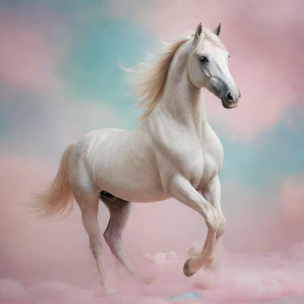 An enchanting image of a majestic horse as the centerpiece with a surreal, dream-like background filled with soft, pastel colors and floating whimsical elements