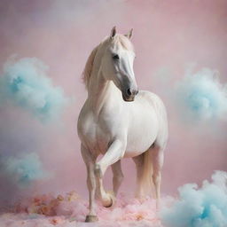 An enchanting image of a majestic horse as the centerpiece with a surreal, dream-like background filled with soft, pastel colors and floating whimsical elements