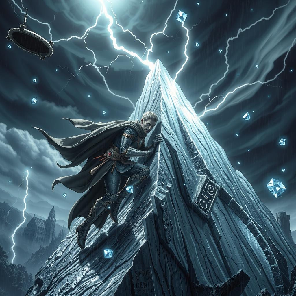 A man in elaborate fantasy adventurer attire climbs a silver mountain during an intense, magical diamond hail storm, with enchanted clouds, magical lightning, and deadly hailstones creating a perilous, fantastical environment