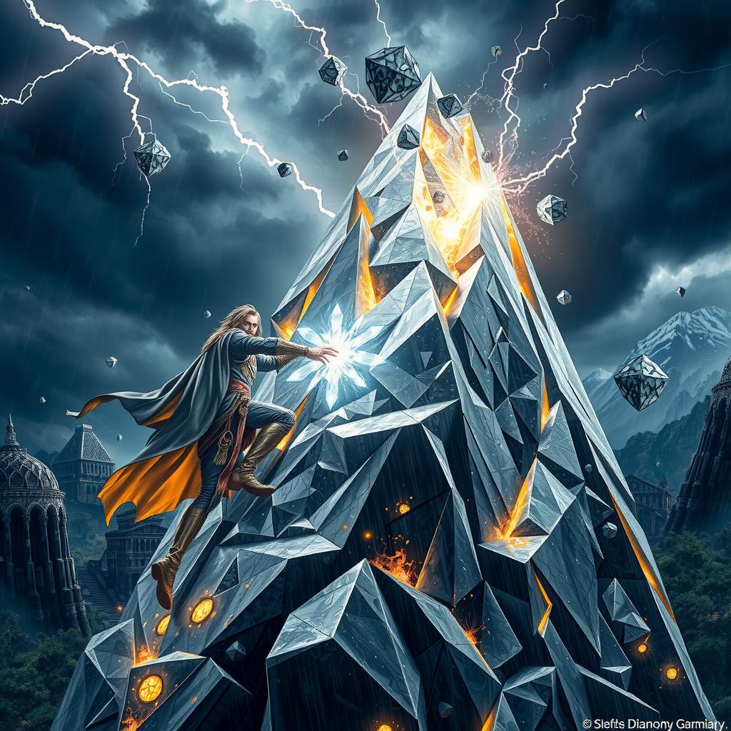 A man in elaborate fantasy adventurer attire climbs a mountain made entirely of shimmering silver during an intense, magical diamond hail storm, with enchanted clouds, magical lightning, and deadly hailstones creating a perilous, fantastical environment