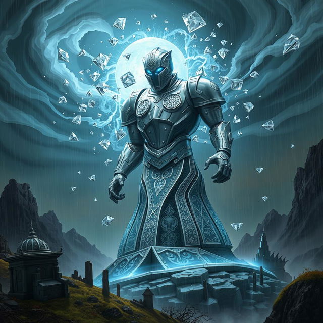 A silver golem defends a glowing silver mountain top during a deadly, magical diamond hail storm, with enchanted clouds and mystical hailstones creating a perilous, fantastical environment