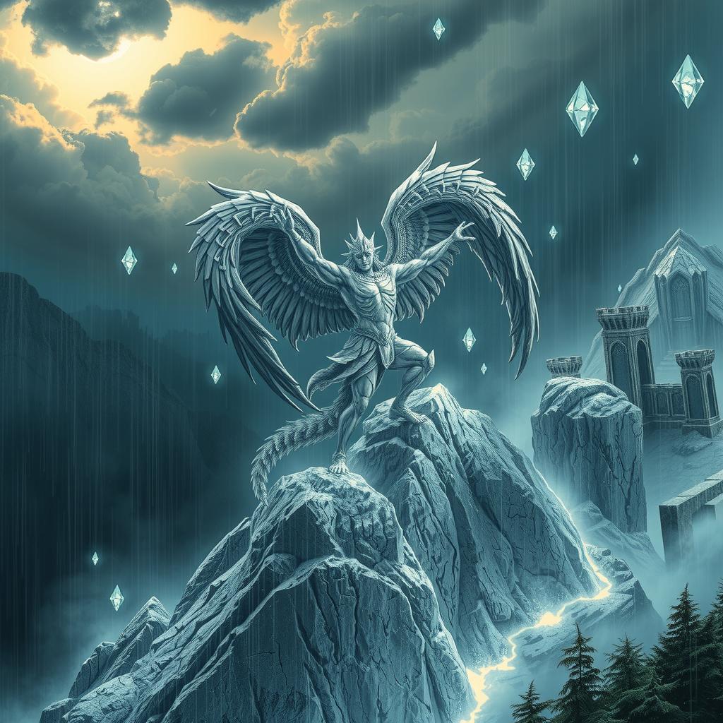 A silver golem angel climbs a silver mountain during a deadly, magical diamond hail storm, with enchanted clouds and mystical hailstones creating a perilous, fantastical environment