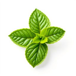 A fresh mint leaf with detailed textures and vibrant green color, set against a simple white background