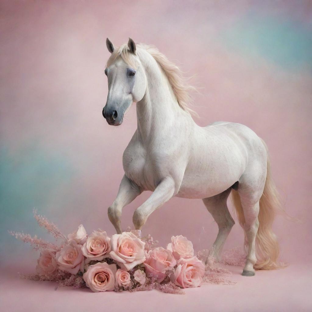 An enchanting image of a majestic horse as the centerpiece with a surreal, dream-like background filled with soft, pastel colors and floating whimsical elements