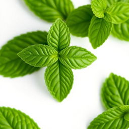 A fresh mint leaf with detailed textures and vibrant green color, set against a simple white background