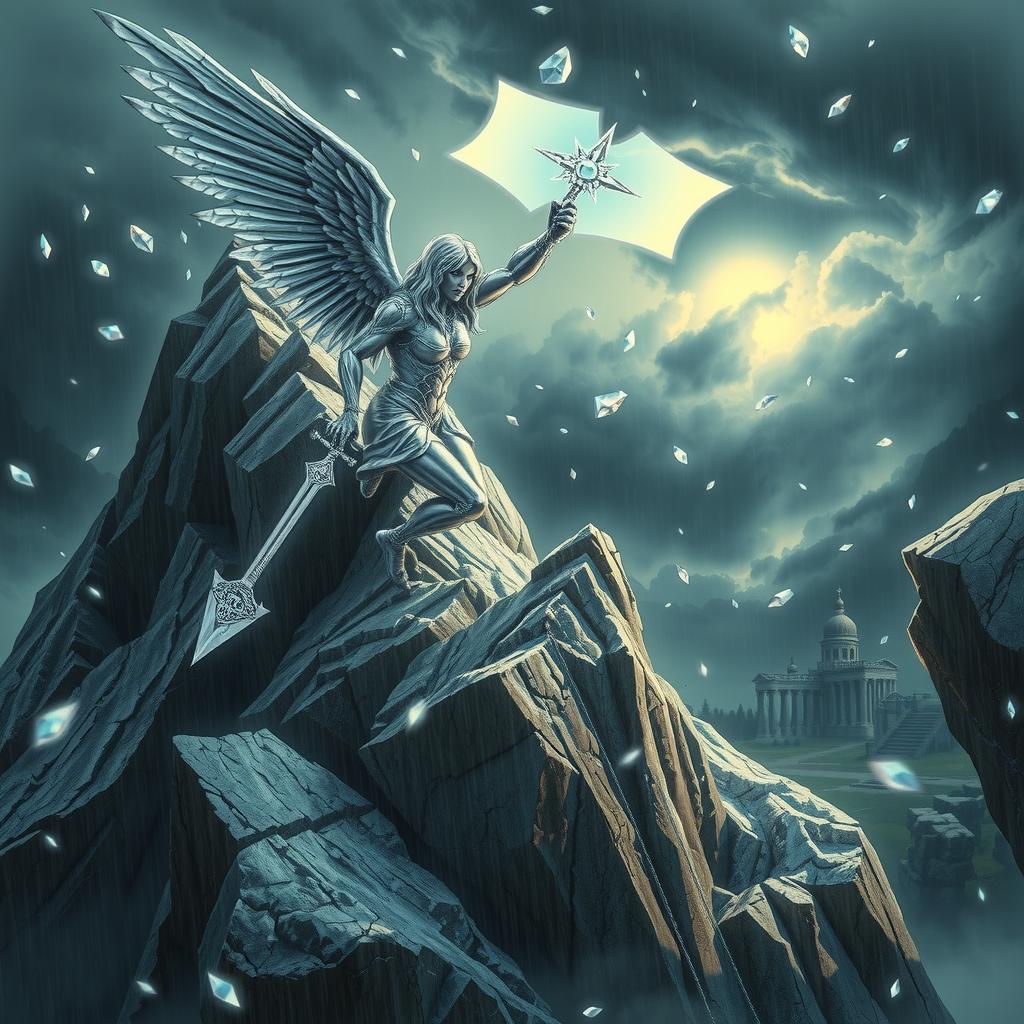 A silver golem angel climbs a silver mountain during a deadly, magical diamond hail storm, wielding a mighty silver sword of justice, with enchanted clouds and mystical hailstones creating a perilous, fantastical environment