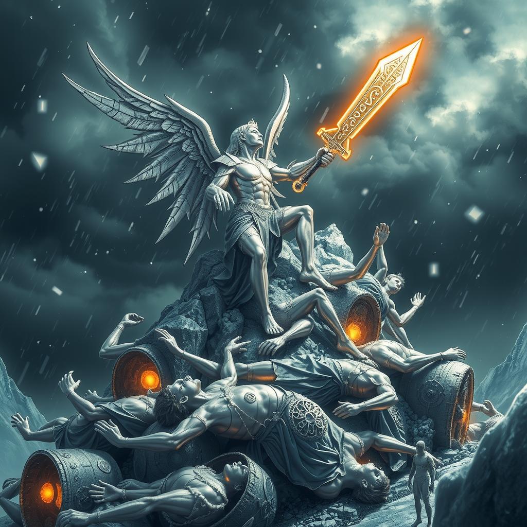 A silver golem angel climbs a silver mountain during a deadly, magical diamond hail storm, wielding a mighty silver sword of justice