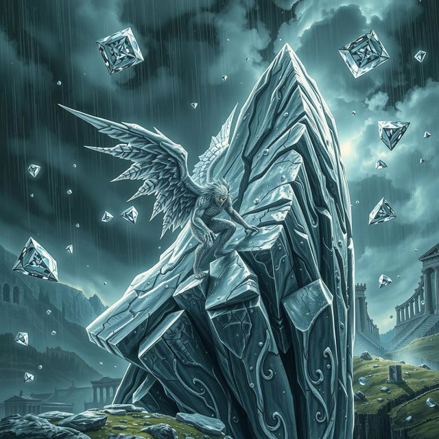 A silver golem angel climbs a silver mountain during a deadly, magical diamond hail storm, with the ground littered with glittering diamonds, enchanted clouds, and mystical hailstones creating a perilous, fantastical environment