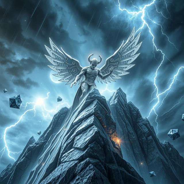 A silver golem angel climbs a radiant silver mountain during a deadly, magical diamond hail storm