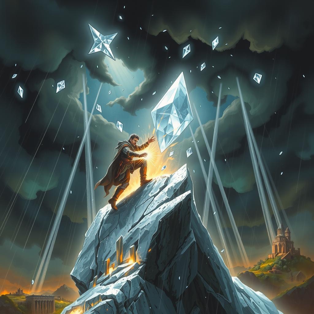 A man in fantasy adventurer attire climbs a silver mountain during a deadly, divine diamond hail storm, with enchanted clouds, mystical hailstones, and beams of divine light creating a perilous, fantastical environment